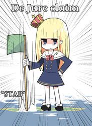  bad_id bad_pixiv_id black_footwear blonde_hair blue_dress blue_eyes blunt_bangs bow buttons closed_mouth crown crusader_kings dress emphasis_lines english_commentary english_text female flag footwear_bow frown gameplay_mechanics green_flag hand_on_own_hip holding holding_flag original sailor_collar sarawaritai shoes solo standing white_bow 