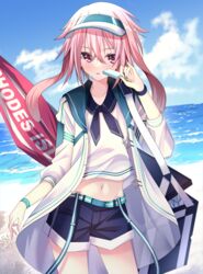  1boy absurdres animal_ears ansel_(arknights) ansel_(casual_vacation)_(arknights) aqua_belt aqua_wristband arknights arm_at_side beach blue_sailor_collar blue_shorts clear_sky cloud coat collarbone commentary contrapposto cooler cowboy_shot crossed_bangs day eating floppy_ears food groin hair_between_eyes hand_up highres holding holding_food holding_ice_cream ice_cream light_blush long_bangs looking_at_viewer male_focus medium_hair mellow_kaede midriff navel open_clothes open_coat otoko_no_ko outdoors parasol parted_lips pink_eyes pink_hair pinky_out rabbit_boy rabbit_ears red_eyes sailor_collar shirt shore short_shorts shorts shoulder_strap sky sleeves_pushed_up solo suspenders suspenders_removed umbrella visor_cap watch waves white_coat white_shirt white_sleeves wristwatch 