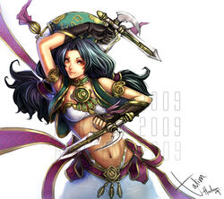  2009 arm_blade arm_up asymmetrical_gloves bandeau bangle black_hair bladed_tonfa bracelet breasts brown_eyes chiam_harkem commentary_request female fingerless_gloves gloves headdress jewelry medium_breasts midriff mismatched_gloves navel photoshop_(medium) smile solo soulcalibur talim tonfa twintails vest weapon 