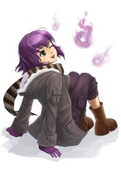  absurdres boots borrowed_character commentary english_commentary female full_body fur_trim ghost gloves green_eyes highres hitodama isabelle_(acerailgun) jastersin21 one_eye_closed original purple_hair scarf shadow simple_background sitting smile solo striped_clothes striped_scarf white_background 