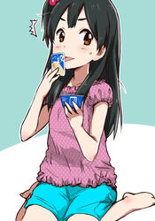  ^^^ barefoot black_hair blush brown_eyes casual commentary_request female food hair_bobbles hair_ornament ice_cream kitashirakawa_anko licking lolicon long_hair maabou one_side_up sitting solo sweat tamako_market wariza 