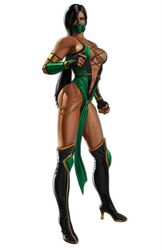  armband boots breasts dark_skin female full_body gloves green half_mask high_heel_boots high_heels jade jade_(mortal_kombat) large_breasts looking_at_viewer mask mortal_kombat ninja simple_background solo standing white_background 