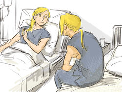  2boys alphonse_elric bandages bed bed_sheet blonde_hair brothers commentary_request edward_elric fullmetal_alchemist glass grey_shirt long_hair looking_at_another lying male_focus multiple_boys nore_(boosuke) pillow ponytail shirt siblings sitting smile yellow_eyes 