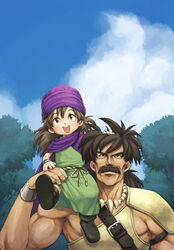  1boy :d aged_down ankle_boots armor belt black_eyes black_footwear black_hair blue_sky boots cloud commentary_request day dragon_quest dragon_quest_v facial_hair father_and_son female hand_on_another&#039;s_head hand_on_another&#039;s_leg happy hero_(dq5) jewelry lolicon long_hair looking_up low_ponytail male_focus md5_mismatch moustache muscular muscular_male necklace nira_(niratoro) open_mouth outdoors papas pauldrons photoshop_(medium) ponytail shoe_soles shoulder_armor sitting_on_shoulder sky smile tooth_necklace tree turban wrist_cuffs 