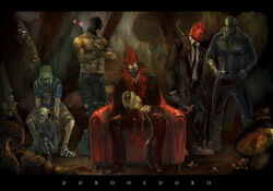  2girls 4boys armchair bad_id bad_pixiv_id chair chota dorohedoro eating ebisu_(dorohedoro) en_(dorohedoro) formal fujita_(dorohedoro) hage2013 hammer heart highres kikurage_(dorohedoro) mask multiple_boys multiple_girls muscular mushroom necktie no_eyebrows noi_(dorohedoro) painttool_sai_(medium) shin_(dorohedoro) sitting skull suit topless 