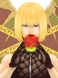  1boy apple black_eyes black_gloves blonde_hair bob_cut death_note food fruit gloves leather male_focus mello_(death_note) neopara solo tegaki vest 