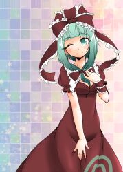  arm_ribbon bad_id bad_pixiv_id bow breasts dress female frills front_ponytail green_hair hair_ornament hair_ribbon hairbow hakano_shinshi hand_on_own_chest kagiyama_hina long_hair looking_at_viewer medium_breasts one_eye_closed red_dress ribbon smile solo touhou 