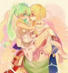  1boy arthur_(rune_factory) bad_id bad_pixiv_id blonde_hair female frey_(rune_factory) glasses gloves green_eyes hair_ornament hair_ribbon long_hair red_eyes ribbon rune_factory rune_factory_4 skirt sumi_(pixiv300915) tiara twintails 