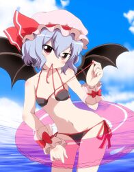  bare_shoulders bat_wings bikini bikini_in_mouth black_bikini blue_hair clothes_in_mouth cloud commentary_request day female fingernails hat innertube long_fingernails looking_at_viewer massala mouth_hold nail_polish navel ocean red_eyes remilia_scarlet short_hair sky smile solo swim_ring swimsuit touhou untied_bikini wings wrist_cuffs 