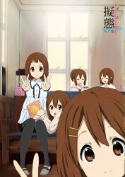  5girls alternate_hairstyle bad_id bad_pixiv_id blush brown_eyes brown_hair couch cover double_v dress hair_ornament hairclip hirasawa_yui k-on! multiple_girls multiple_persona official_style pantyhose peeping ponytail ragho_no_erika school_uniform short_hair sitting smile tears v 