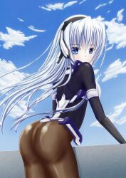  black_legwear blue_eyes bodysuit female female highres horizon_ariadust kyoukai_senjou_no_horizon kyoukaisenjou_no_horizon long_hair mikage-h solo white_hair 