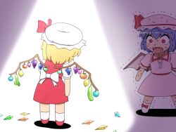  2girls alternate_wings bat_wings blonde_hair blue_hair chibi commentary_request crystal fangs flandre_scarlet food fruit grapes hat hat_ribbon multiple_girls puffy_sleeves purple_hair red_eyes remilia_scarlet ribbon shirosato shirt short_sleeves siblings sisters skirt skirt_set standing surprised sweat touhou trembling wide-eyed wings 