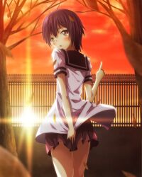  :o autumn autumn_leaves brown_eyes clothes_lift commentary_request female fence funami_yui leaf lens_flare looking_back nanamori_school_uniform pointing pointing_up purple_hair red_sky school_uniform serafuku shirt_lift short_hair skirt skirt_tug sky solo sun sunset tree wind wind_lift xxxx yuru_yuri 