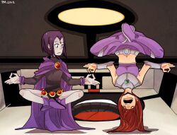  2girls animification boots cape colored_skin dc_comics floating forehead_jewel grey_skin indian_style leotard long_hair meditation midriff multiple_girls orange_skin promise_maker purple_hair raven_(dc) red_hair saliva sitting starfire teen_titans upside-down 