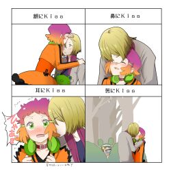  1boy 2girls aquarion_(series) aquarion_evol bad_id bad_pixiv_id blonde_hair blush chart closed_eyes coat dress gloves hair_ornament jin_musou kamiya_ryuu kiss_chart kissing kissing_cheek kissing_forehead kissing_nose multicolored_hair multiple_drawing_challenge multiple_girls orange_hair purple_hair sazanka_bianca short_hair smile translated yunoha_thrul 