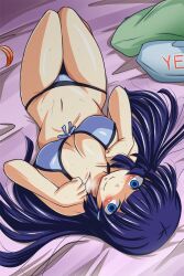  aoki_reika bikini blue_bikini blue_eyes blue_hair blush breasts cleavage commentary_request female highres large_breasts long_hair looking_at_viewer lying navel nishi_koutarou on_back open_mouth painttool_sai_(medium) pillow precure shiny_skin skindentation smile smile_precure solo staring strap_pull sweat swimsuit upside-down yes yes-no_pillow 