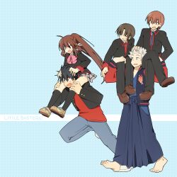  4boys bad_id bad_pixiv_id barefoot bow carrying female inohara_masato japanese_clothes lifting little_busters! little_busters!_school_uniform miyazawa_kengo multiple_boys naoe_riki natsume_kyousuke natsume_rin pink_bow school_uniform shacttainw shoulder_carry 