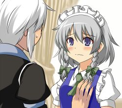  1boy be_(o-hoho) blue_eyes blush bow braid commentary_request curtains female grey_hair hairbow hand_on_another&#039;s_chest izayoi_sakuya kagetsu_tooya maid maid_headdress morichika_rinnosuke parody puffy_sleeves short_hair short_sleeves sweatdrop tears touhou tsukihime twin_braids white_hair 