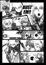  3girls assault_rifle braid commentary_request didloaded english_text engrish_text firing frog_hair_ornament greyscale gun hair_ornament hong_meiling izayoi_sakuya kochiya_sanae m4_carbine magazine_(weapon) monochrome multiple_girls muzzle_flash ranguage reloading rifle target touhou weapon 