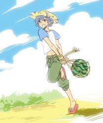  1boy ahoge alternate_costume blue_hair cloud day flip-flops food fruit grass happy hat hato_moa hatoful_kareshi holding kawara_ryouta male_focus navel net official_art open_mouth pants personification red_eyes running sandals shadow shirt sky solo standing standing_on_one_leg straw_hat t-shirt watermelon 