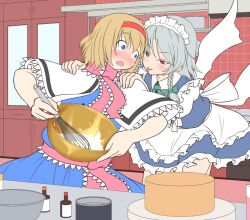  2girls :p alice_margatroid aodu_fumiyoshi baking blush bowl commentary_request hands_on_shoulders izayoi_sakuya multiple_girls short_hair surprised tongue tongue_out touhou whisk 