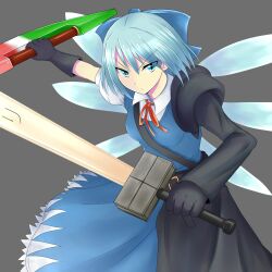  adapted_costume advent_cirno blue_eyes blue_hair bow cirno commentary_request detached_wings dual_wielding female hairbow highres holding ice ice_wings long_sleeves puffy_sleeves short_sleeves solo sword touhou tsukigano weapon wings 