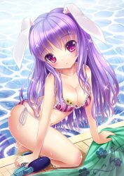  animal_ears bad_id bad_pixiv_id bikini blush breasts cleavage collarbone female holding long_hair looking_at_viewer medium_breasts milkshakework photoshop_(medium) purple_hair rabbit_ears reisen_udongein_inaba solo striped_bikini striped_clothes swimsuit touhou water water_gun wet 