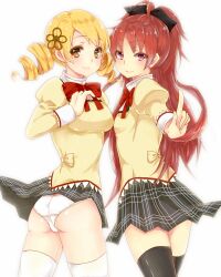  2girls 3cm alternate_legwear black_thighhighs blonde_hair blush bow drill_hair hair_ornament hairbow long_hair looking_at_viewer mahou_shoujo_madoka_magica mahou_shoujo_madoka_magica_(anime) mitakihara_school_uniform multiple_girls panties pink_eyes ponytail sakura_kyoko school_uniform simple_background skirt smile thighhighs tomoe_mami twin_drills twintails underwear white_background white_legwear white_panties yellow_eyes 