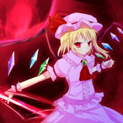  ascot bad_id bad_pixiv_id blonde_hair cosplay crystal denu female flandre_scarlet hat moon polearm puffy_sleeves red_moon remilia_scarlet remilia_scarlet_(cosplay) short_hair short_sleeves side_ponytail smile solo spear spear_the_gungnir touhou weapon wings wrist_cuffs 