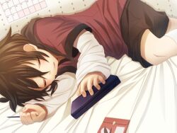  1boy brown_hair closed_eyes commentary_request handa_shin&#039;ichi handheld_game_console inazuma_eleven inazuma_eleven_(series) male_focus nintendo_ds on_bed open_mouth pecoe sleeping solo 