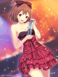  andou_hitomi banned_artist bare_shoulders bow breasts brown_eyes brown_hair cleavage confetti dress frilled_dress frills hairbow ilog jewelry mana_kakkowarai medium_breasts necklace short_hair smile solo strapless strapless_dress 