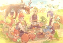  3boys bad_id bad_pixiv_id blue_eyes blue_hair bow bowtie chili_(pokemon) cilan_(pokemon) cottonee cress_(pokemon) darumaka deerling deerling_(spring) ducklett eating flower food foongus fruit green_eyes green_hair highres leaf male_focus multiple_boys panpour pansage pansear picnic pokemon pokemon_(creature) pokemon_bw pon_(cielo) red_eyes red_hair sandwich sawsbuck sawsbuck_(spring) sewaddle short_hair sitting traditional_bowtie 