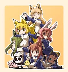  6+girls animal_ears blonde_hair blush breasts brown_hair chibi commentary_request copyright_request feline fox_ears fox_tail green_hair kubocha long_hair medium_breasts multiple_girls open_mouth panda photoshop_(medium) purple_hair rabbit rabbit_ears smile tail very_long_hair 