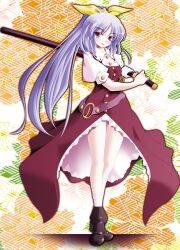  belt bow bracelet commentary_request female hairbow jewelry kii_(mahoraba) long_hair ponytail puffy_sleeves purple_hair red_eyes short_sleeves solo sword touhou very_long_hair watatsuki_no_yorihime weapon 