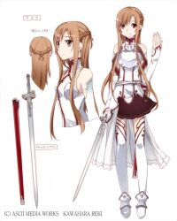  armor asuna_(sao) bare_shoulders braid breastplate brown_eyes brown_hair bunbun detached_sleeves female full_body hand_up holding holding_sword holding_weapon knights_of_blood_uniform_(sao) lambent_light long_hair long_sleeves official_art rapier reference_sheet sheath sword sword_art_online thighhighs unsheathed upper_body watermark weapon white_armor white_thighhighs 