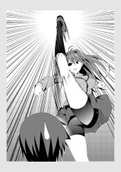  1boy aozaki_aoko axe_kick bad_id bad_pixiv_id bike_shorts dithering emphasis_lines female greyscale hair_intakes heel_drop high_kick highres kicking long_hair mahou_tsukai_no_yoru monochrome motion_blur photoshop_(medium) school_uniform shizuki_soujuurou short_hair shorts shorts_under_skirt solo_focus sweatdrop yoshiki360 