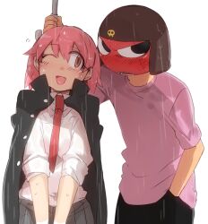  1boy bad_id bad_pixiv_id blush borrowed_clothes female giroro helmet hinata_natsumi jacket jacket_on_shoulders keroro_gunsou necktie one_eye_closed pink_eyes pink_hair rain sasami_(ki) scar school_uniform shared_umbrella skull sleeves_rolled_up straight umbrella wet wet_clothes wet_hair 