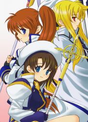  3girls bardiche_(nanoha) blonde_hair blue_eyes brown_hair cape commentary_request cross fate_testarossa fingerless_gloves gloves gradient_background hair_ribbon hat highres jacket long_hair lyrical_nanoha magical_girl mahou_senki_lyrical_nanoha_force mahou_shoujo_lyrical_nanoha_strikers multiple_girls one_eye_closed puffy_sleeves purple_eyes raising_heart red_eyes ribbon schwertkreuz shinanoya_(satanicad) short_hair side_ponytail smile staff takamachi_nanoha yagami_hayate 