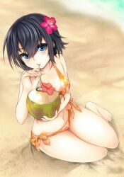  bad_id bad_pixiv_id bare_arms bare_shoulders barefoot beach bikini black_hair blue_eyes blush coconut collarbone drinking drinking_straw female flower fruit_cup ginji74 hair_between_eyes hair_flower hair_ornament hibiscus looking_at_viewer navel original short_hair sitting solo swimsuit yokozuwari 