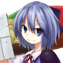  adapted_costume advent_cirno bad_id bad_pixiv_id blue_eyes blue_hair bow cirno closed_mouth female hairbow kashii_(amoranorem) portrait short_hair short_sleeves smile solo sword touhou weapon 