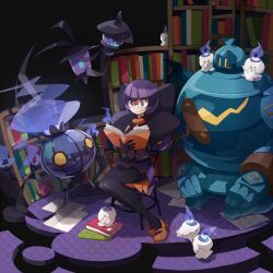  bad_id bad_pixiv_id blue_fire book bookshelf chandelure female fire glasses golurk lampent litwick low-cut pantyhose paper pen pokemon pokemon_(creature) pokemon_bw pokoten_(pokoten718) purple_eyes purple_hair purple_skirt shauntal_(pokemon) sitting skirt 