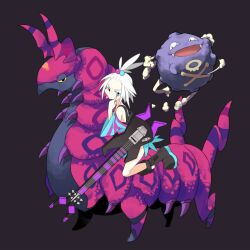  bass_guitar commentary_request female freckles hair_bobbles hair_ornament instrument koffing pokemon pokemon_(creature) pokemon_bw2 roxie_(pokemon) scolipede short_hair tm_(hanamakisan) tongue topknot white_hair 