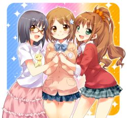  3girls black_hair blush breasts brown_eyes brown_hair cardigan commentary_request ech flower glasses green_eyes hair_flower hair_ornament hino_akane_(idolmaster) idolmaster idolmaster_cinderella_girls kamijo_haruna large_breasts long_hair mimura_kanako multiple_girls open_mouth plaid plaid_skirt school_uniform short_hair skirt smile sweater yellow_eyes 