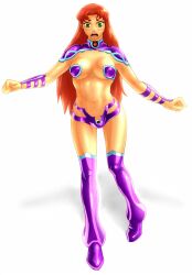  alien blush boots breasts dc_comics female green_eyes highres inka navel nervous nipples orange_hair solo starfire tall teen_titans 