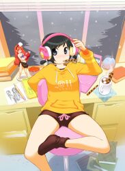  bad_id bad_pixiv_id black_eyes black_hair boned_meat book chair coffee computer cup desk drawing female figure food headphones laptop looking_at_viewer meat miupix original pale_skin short_hair shorts sitting snowing socks sweater swept_bangs 