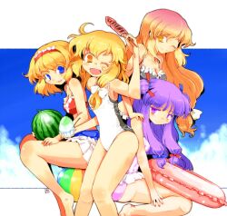  4girls alice_margatroid bikini blonde_hair blue_eyes bow casual_one-piece_swimsuit commentary_request day food fruit gradient_hair hairband hairbow hijiri_byakuren ikayaki innertube kanoe_soushi kirisame_marisa multicolored_hair multiple_girls one-piece_swimsuit one_eye_closed open_mouth patchouli_knowledge pink_hair purple_eyes purple_hair sky smile swim_ring swimsuit touhou watermelon yellow_eyes 