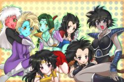  6+girls armor bad_id bad_pixiv_id black_hair broly_(dragon_ball_z) dragon_ball dragon_ball_gt dragon_ball_z genderswap_(mtf) haruja jeice multiple_girls one_eye_closed raditz rule_63 saiyan_armor salza super_saiyan super_saiyan_4 tullece vegeta zarbon 