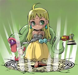  arms_behind_back blonde_hair chibi commentary_request female green_eyes kubocha long_hair magic_circle original photoshop_(medium) smile solo very_long_hair 