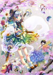  belt bow cherry_blossoms comb commentary_request doll female flower fox_mask green_eyes grey_hair hair_ribbon highres hitodama hydrangea kabutoyama kokeshi konpaku_youmu konpaku_youmu_(ghost) lily_(flower) mary_janes mask puffy_sleeves ribbon shoes short_hair short_sleeves solo standing sword touhou weapon 