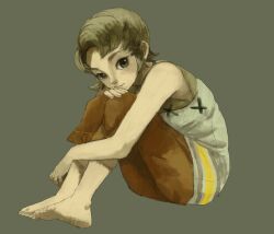  bad_id bad_pixiv_id barefoot brown_hair capri_pants dirty dirty_feet feet female full_body green_eyes hugging_own_legs ilia_(zelda) pants short_hair simple_background sitting soles the_legend_of_zelda the_legend_of_zelda:_twilight_princess toes yo_mo 